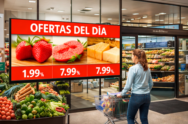 Pantalla digital en la entrada de un supermercado destacando promociones activas y campañas de temporada.